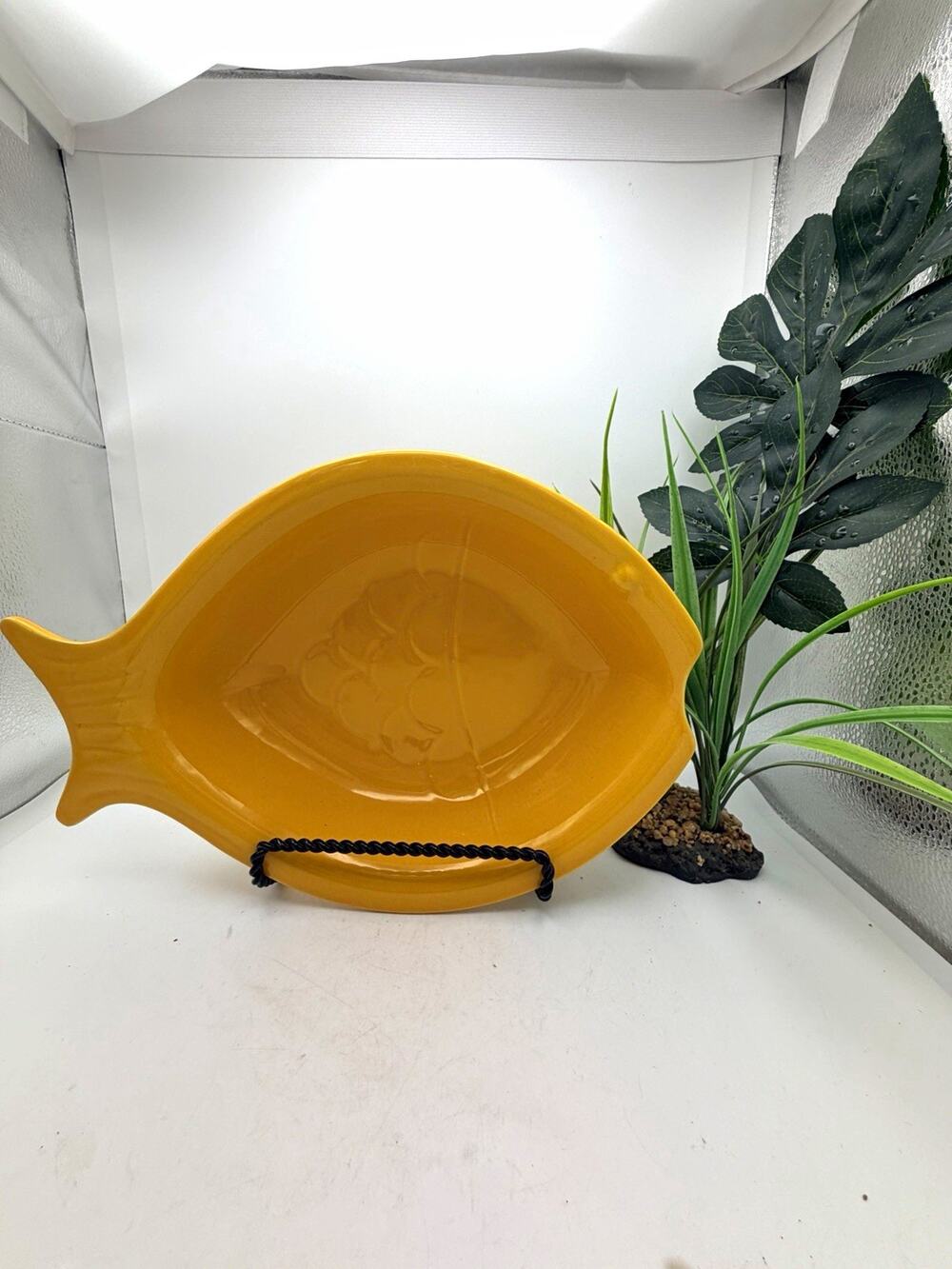 Yellow Glossy Ceramic Fish-Shaped Serving Dish Embossed Fish Design